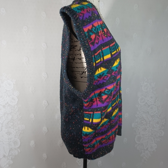 Vintage Black Colorful Pattern Marled Sweater Vest 1X - Picture 5 of 9